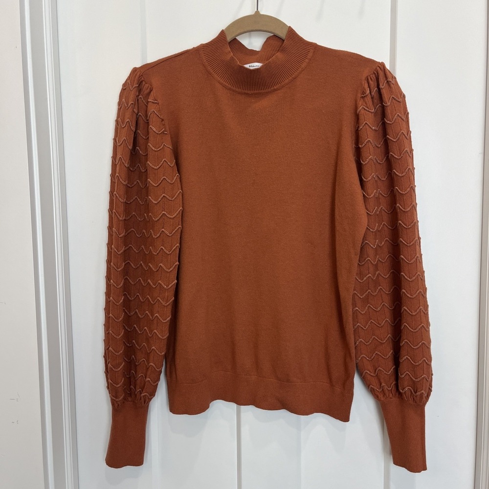 Vila Milano Women Burnt Orange Soft Mock Neck Pullover Puff Sleeve Shimmer Sz L